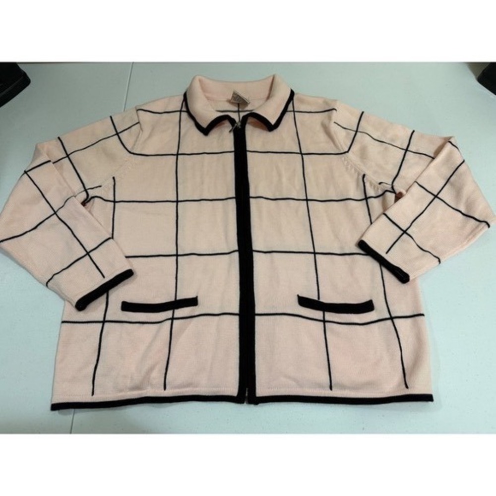 Allison Daley Petites Pink Black Windowpane Grid Zip Front Cardigan Sweater PM